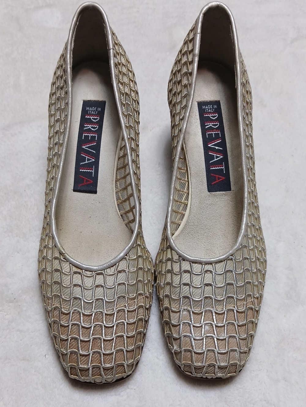 Prevata Woven Mesh Metallic Gold Low Hell Slip-On Shoes Size 4.5 B